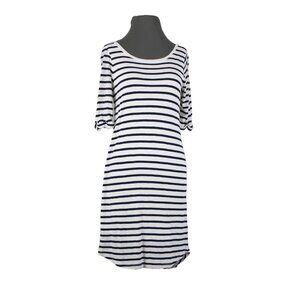 Splendid Sz S White Navy Blue Striped Round Neck Polyester Cotton Dress